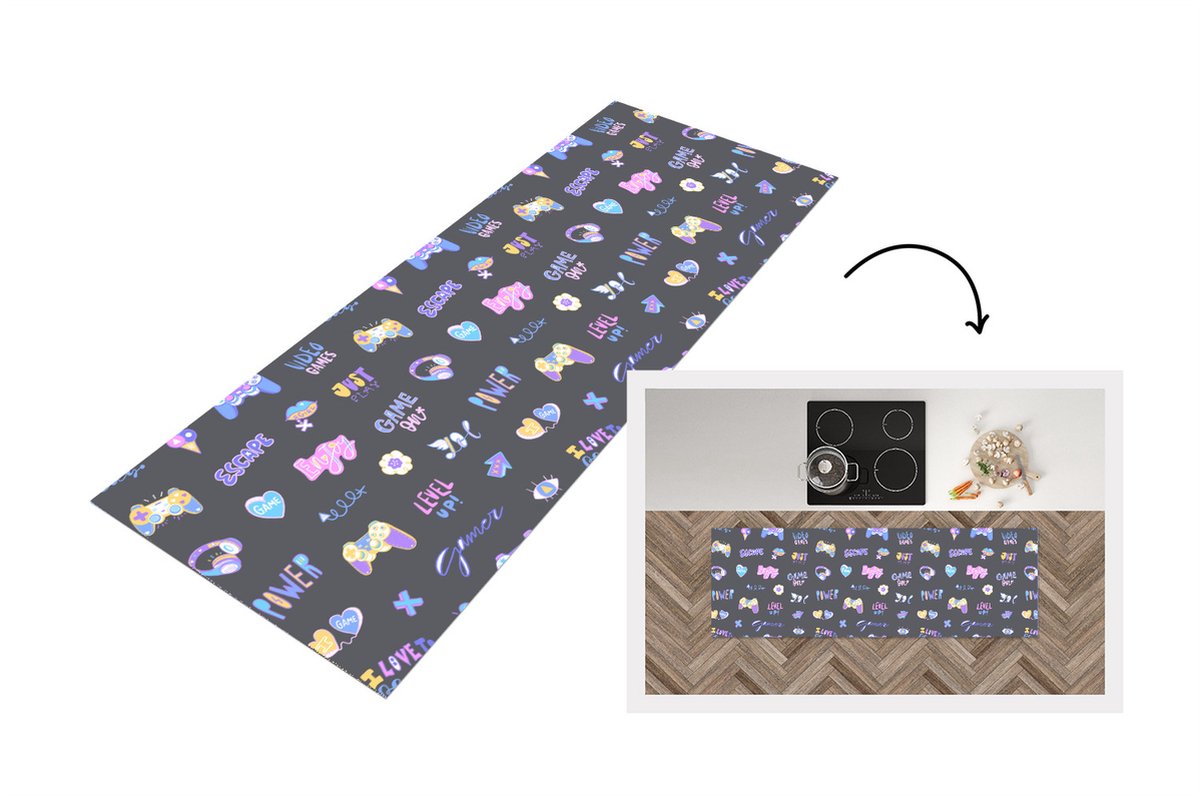KitchenYeah Keukenloper - Loper keuken - Meisjes - Gaming - Console - Patronen - 150x50 cm - Keukenloper vinyl Multicolor