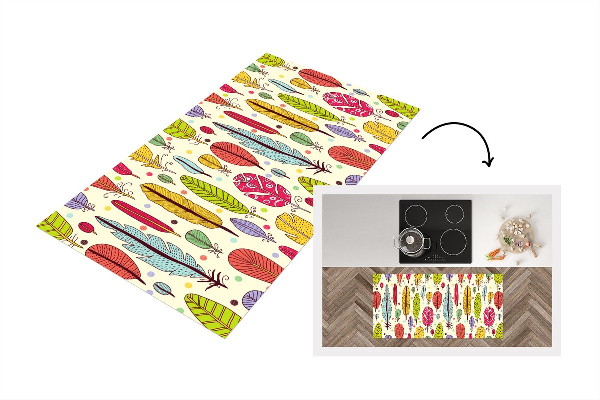 KitchenYeah Keukenloper - Loper keuken - Patroon - Veren - Kleuren - 120x60 cm - Keukenloper vinyl Multicolor
