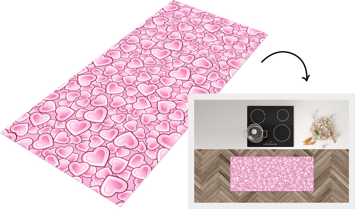 KitchenYeah Keukenloper - Loper keuken - Meiden - Hartjes - Roze - Patronen - 120x50 cm - Keukenloper vinyl Multicolor