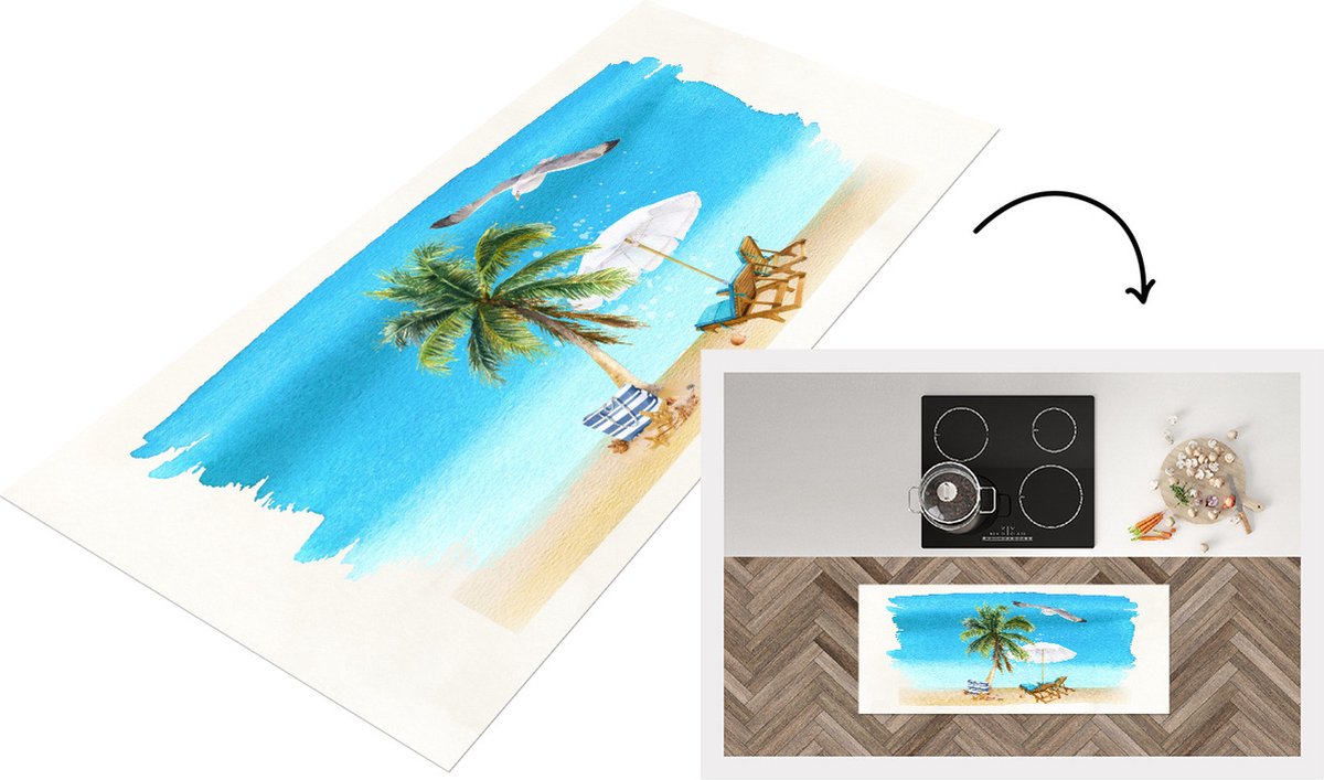 KitchenYeah Keukenloper - Loper keuken - Strandstoel - Parasol - Vogel - Waterverf - 120x50 cm - Keukenloper vinyl Multicolor