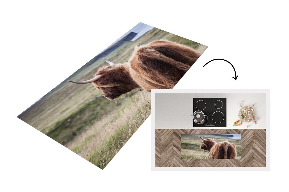 KitchenYeah Keukenloper - Loper keuken - Schotse Hooglander - Natuur - Zee - 120x50 cm - Keukenloper vinyl Multicolor