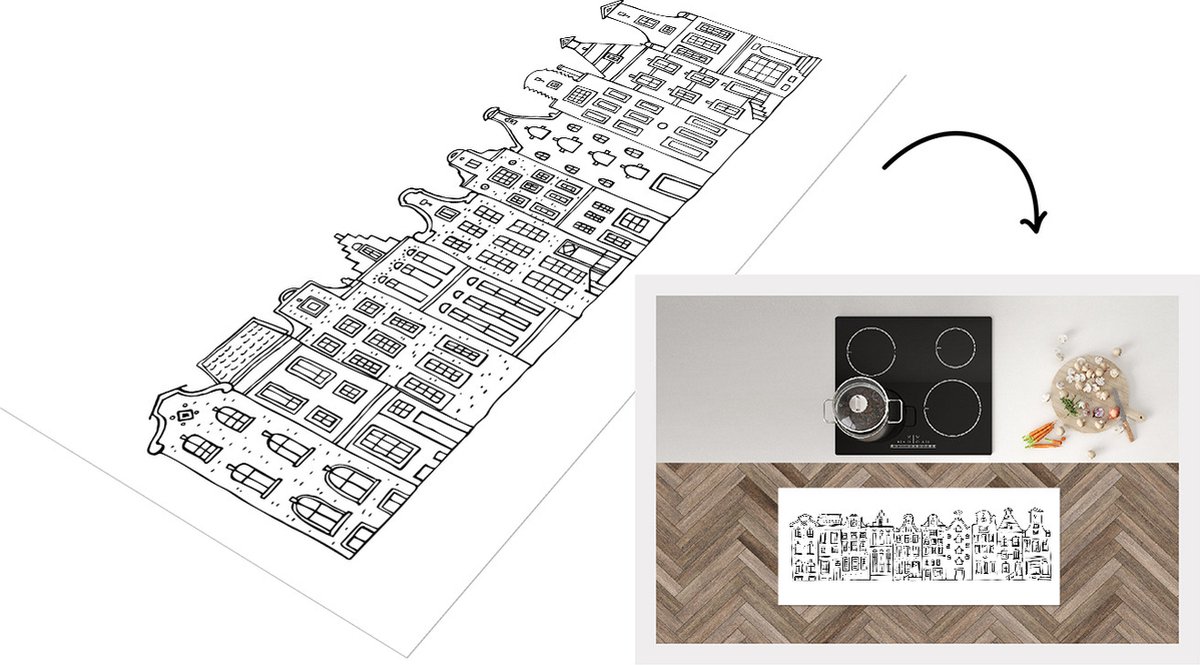 KitchenYeah Keukenloper - Loper keuken - Huis - Amsterdam - Zwart - Wit - 120x50 cm - Keukenloper vinyl Multicolor