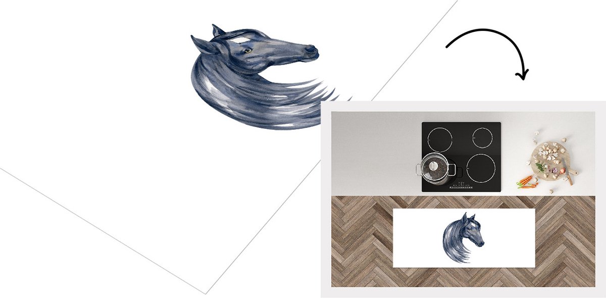 KitchenYeah Keukenloper - Loper keuken - Paard - Waterverf - Zwart - 120x50 cm - Keukenloper vinyl Multicolor