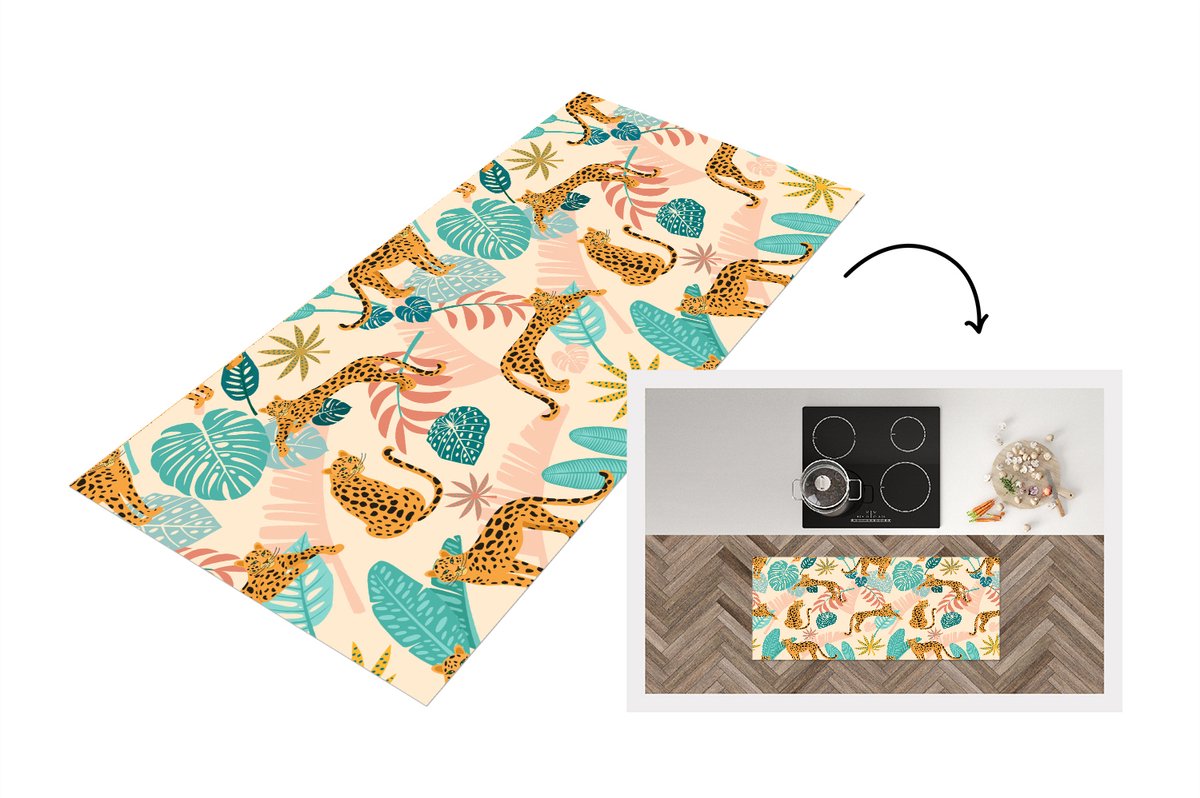 KitchenYeah Keukenloper - Loper keuken - Bladeren - Luipaard - Waterverf - Keukenloper vinyl Multicolor