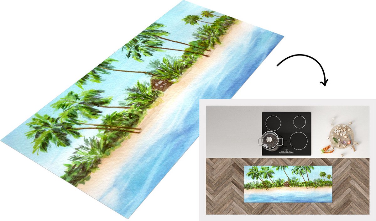 KitchenYeah Keukenloper - Loper keuken - Zee - Hut - Palmboom - 120x50 cm - Keukenloper vinyl Multicolor
