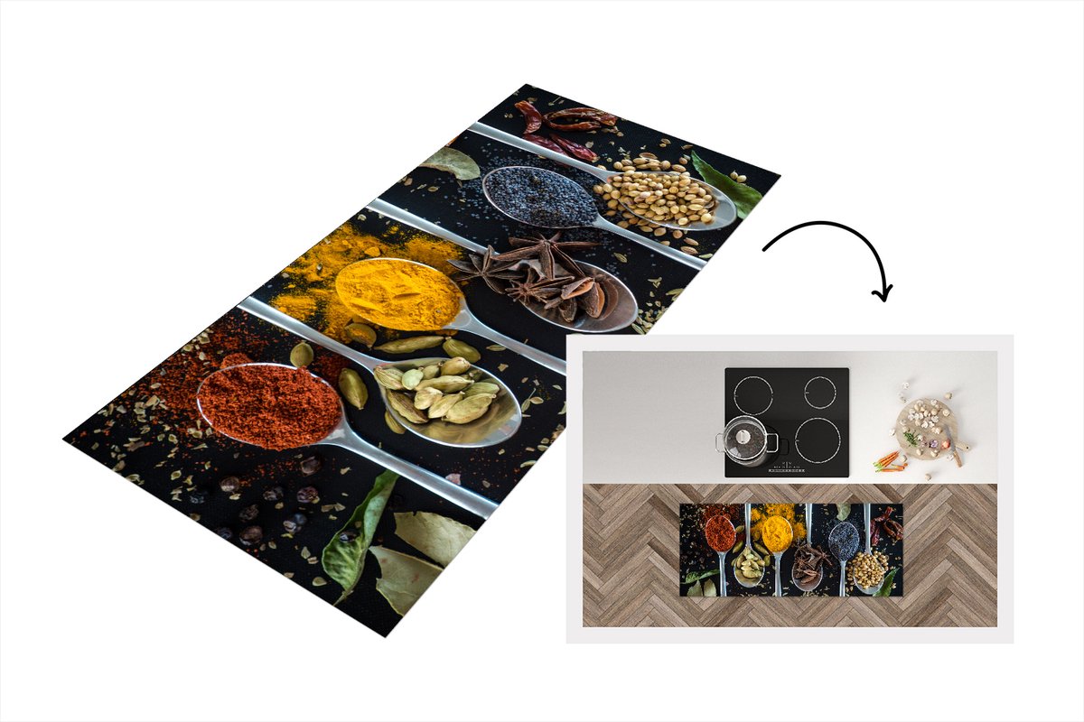 KitchenYeah Keukenloper - Loper keuken - Kruiden op lepels - 120x50 cm - Keukenloper vinyl Multicolor