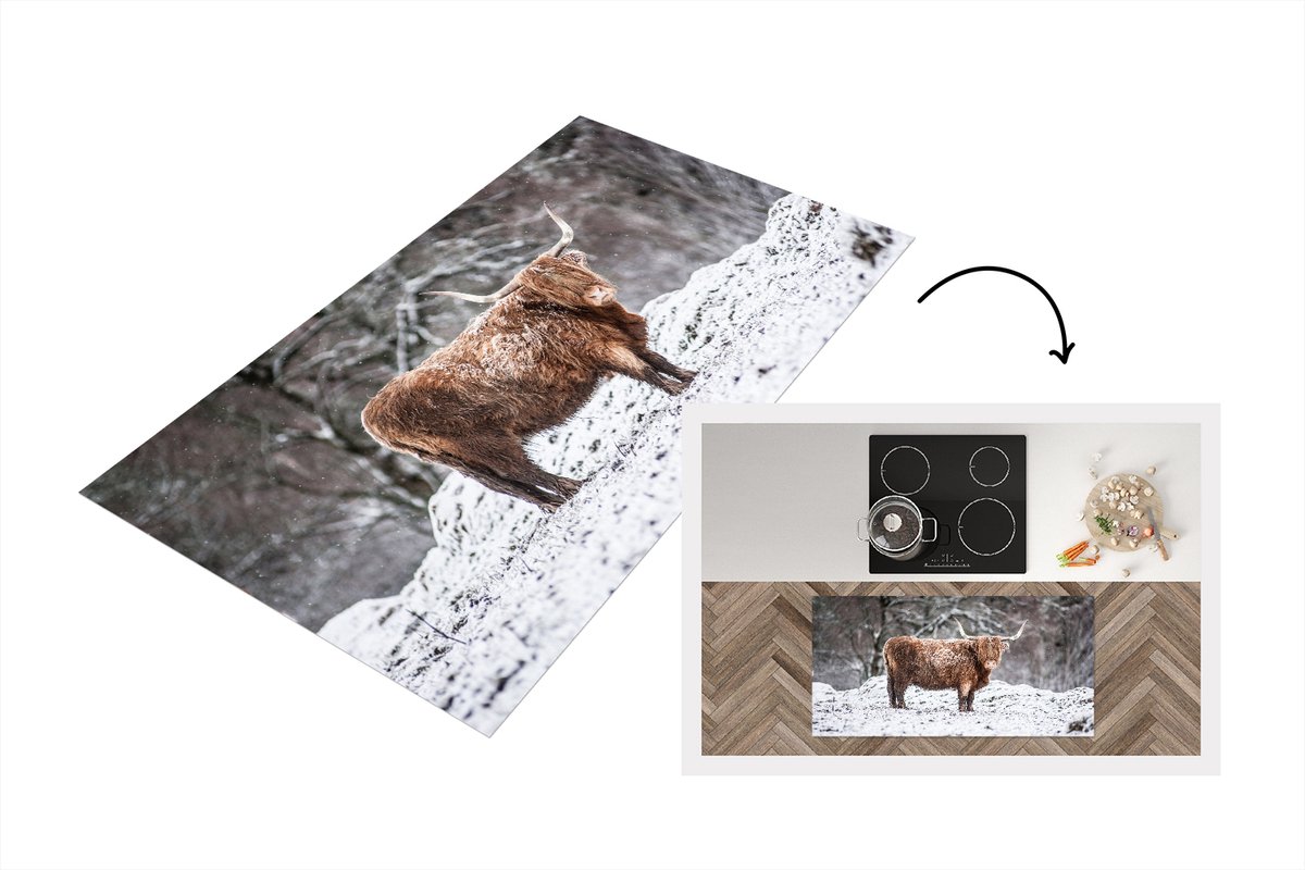 KitchenYeah Keukenloper - Loper keuken - Schotse Hooglander - Boom - Sneeuw - 120x60 cm - Keukenloper vinyl Multicolor