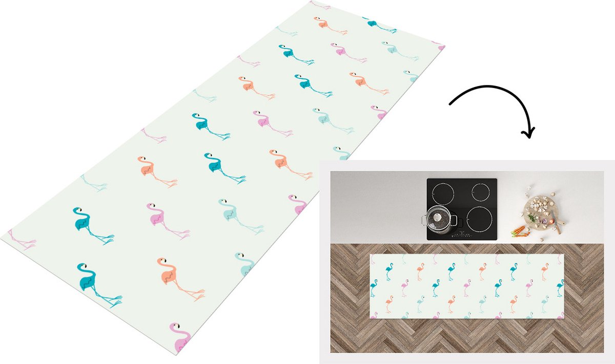 KitchenYeah Keukenloper - Loper keuken - Patronen - Jungle - Flamingo - Pastel - 180x60 cm - Keukenloper vinyl Multicolor