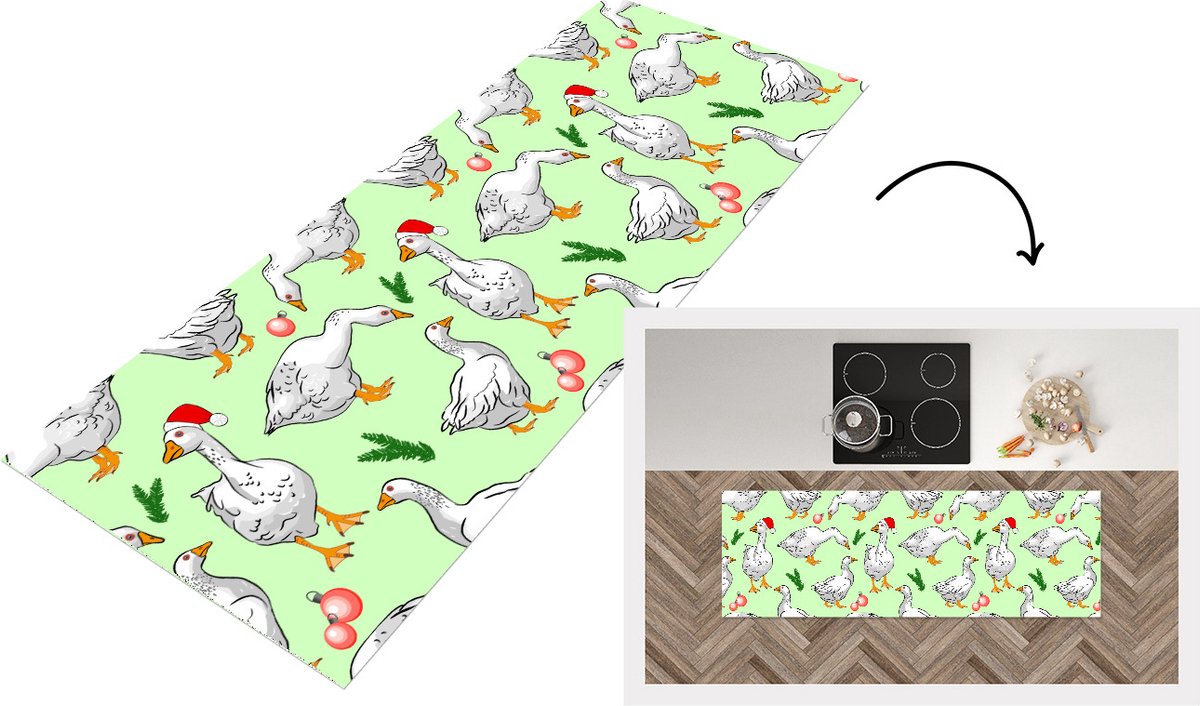 KitchenYeah Keukenloper - Loper keuken - Gans - Kerstballen - Christmas - Patronen - 180x60 cm - Keukenloper vinyl Multicolor