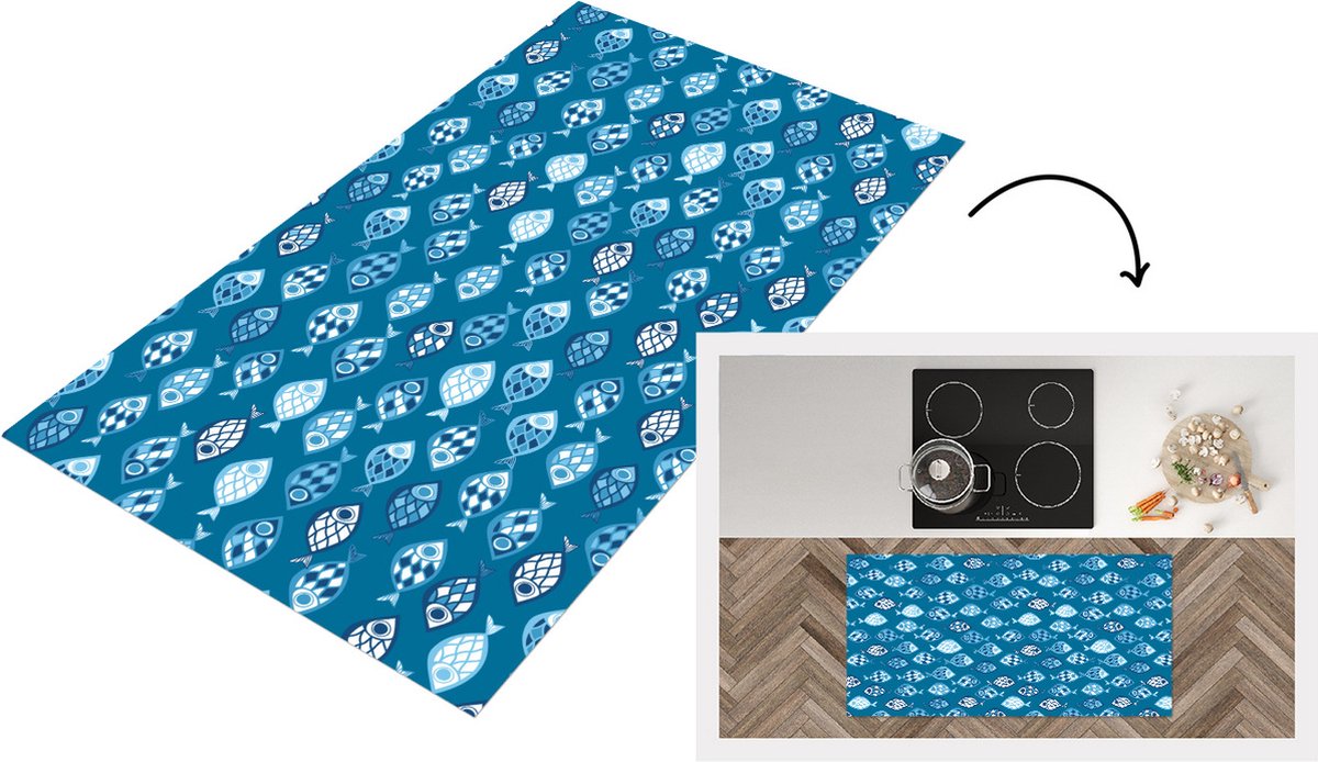 KitchenYeah Keukenloper - Loper keuken - Vissen - Blauw - Patronen - 120x60 cm - Keukenloper vinyl Multicolor