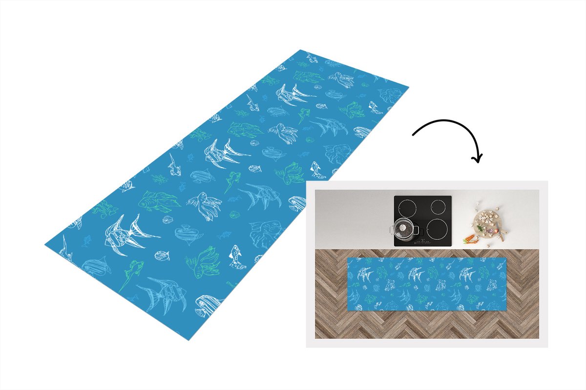 KitchenYeah Keukenloper - Loper keuken - Vissen - Pastel - Patronen - Zee - 150x50 cm - Keukenloper vinyl Multicolor