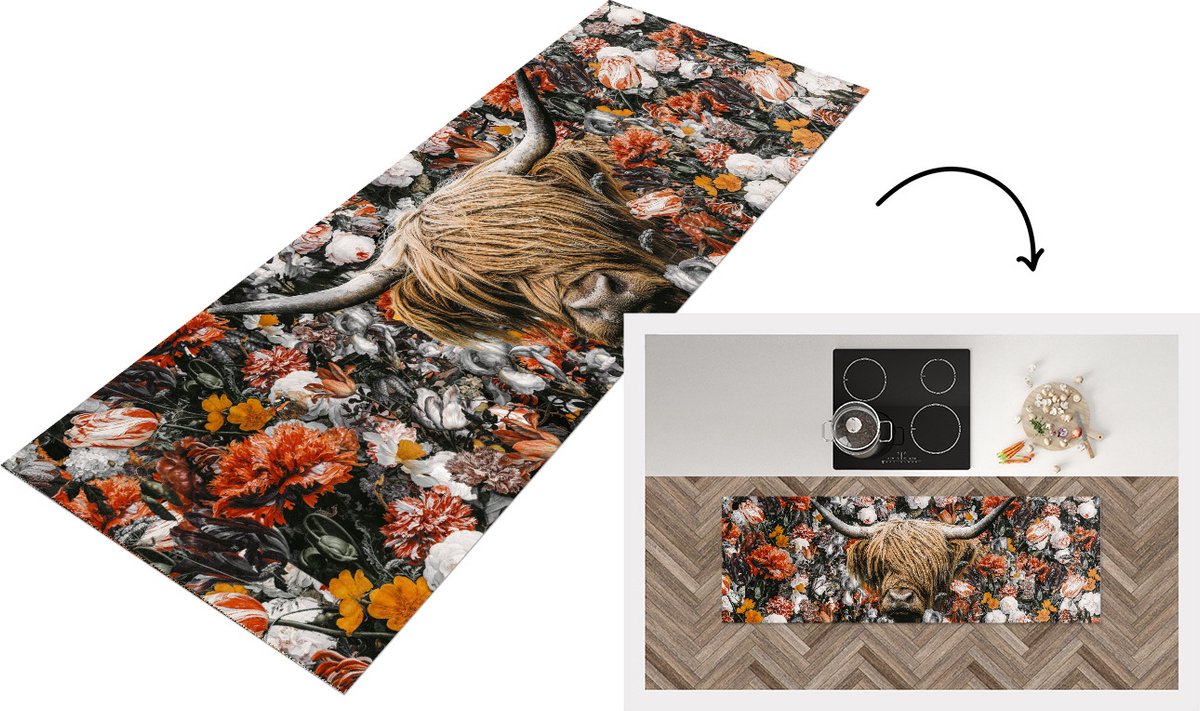 KitchenYeah Keukenloper - Loper keuken - Schotse hooglander - Rozen - Tulpen - Keukenloper vinyl Multicolor