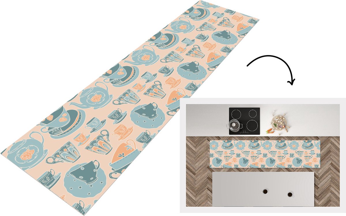 KitchenYeah Keukenloper - Loper keuken - Patronen - Vintage - Kopje - Thee - 240x60 cm - Keukenloper vinyl Multicolor