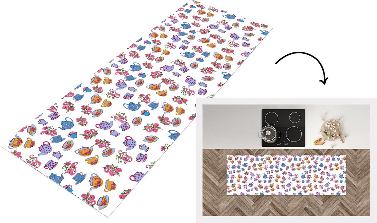 KitchenYeah Keukenloper - Loper keuken - Patronen - Thee - Rozen - Theepot - 180x60 cm - Keukenloper vinyl Multicolor