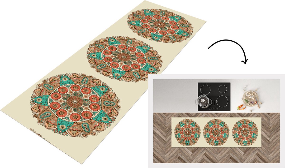KitchenYeah Keukenloper - Loper keuken - Mandala - Patronen - Pauw - 180x60 cm - Keukenloper vinyl Multicolor