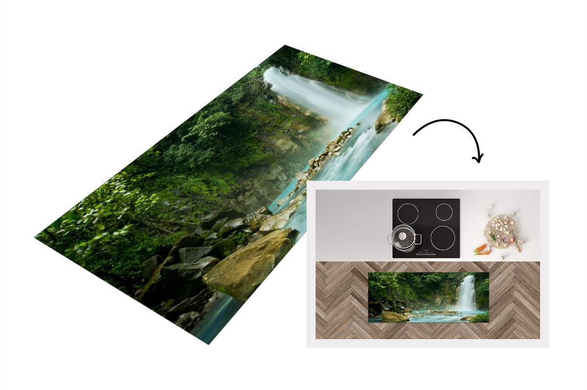 KitchenYeah Keukenloper - Loper keuken - Jungle - Natuur - Waterval - 120x50 cm - Keukenloper vinyl Multicolor