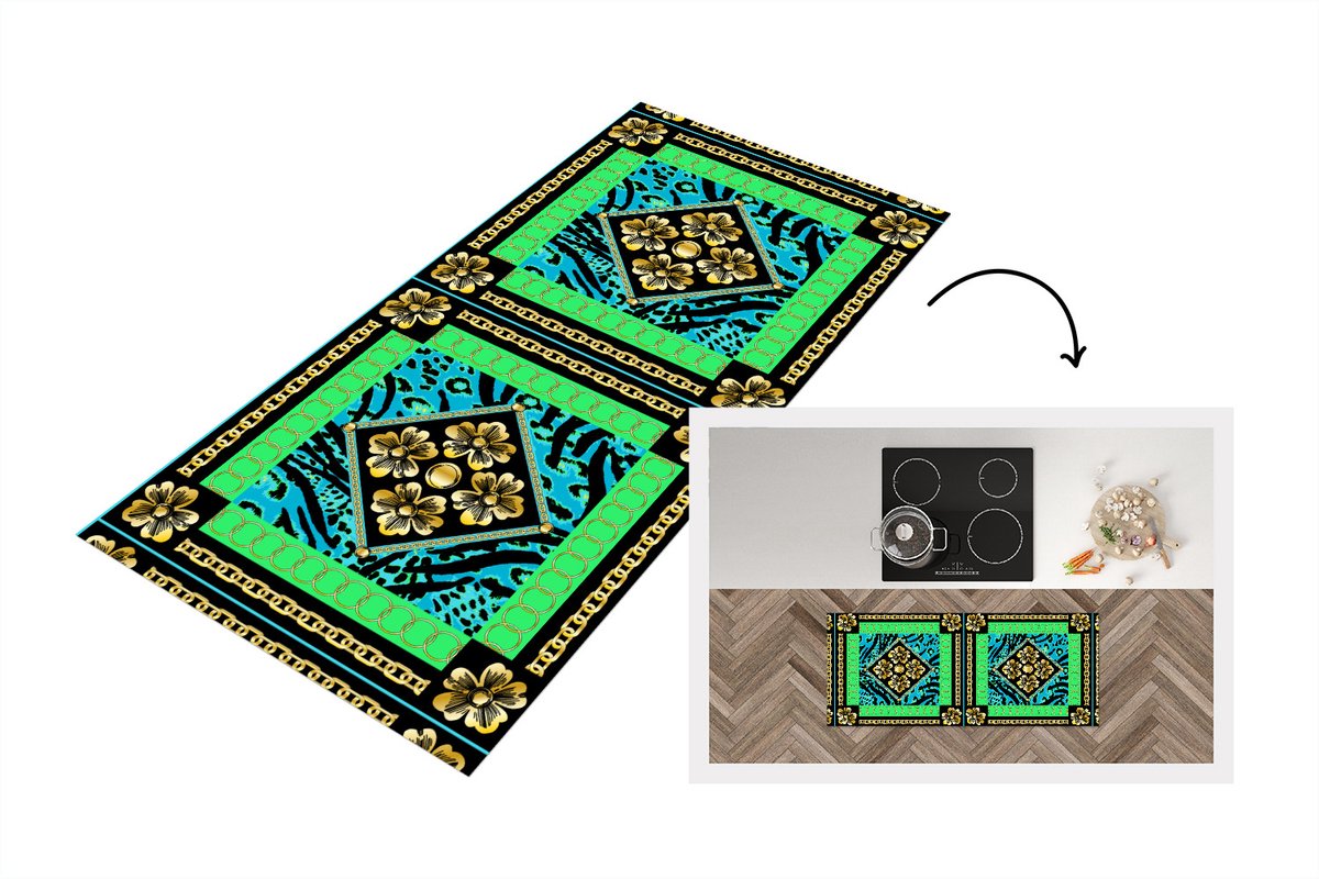 KitchenYeah Keukenloper - Loper keuken - Dierenprint - Bloemen - Ketting - Goud - Patroon - 120x50 cm - Keukenloper vinyl Multicolor