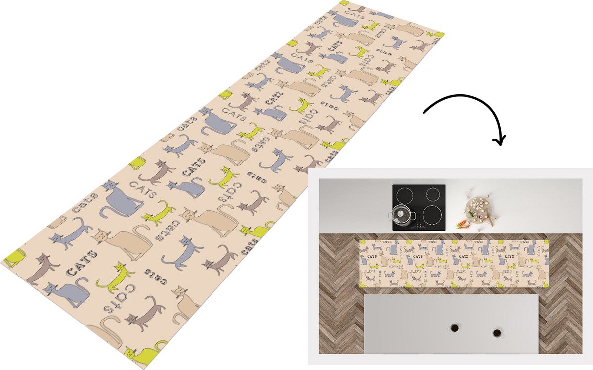 KitchenYeah Keukenloper - Loper keuken - Patronen - Kat - Quote - 200x50 cm - Keukenloper vinyl Multicolor