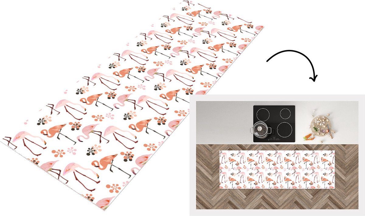 KitchenYeah Keukenloper - Loper keuken - Patroon - Flamingo - Bloemen - 150x50 cm - Keukenloper vinyl Multicolor