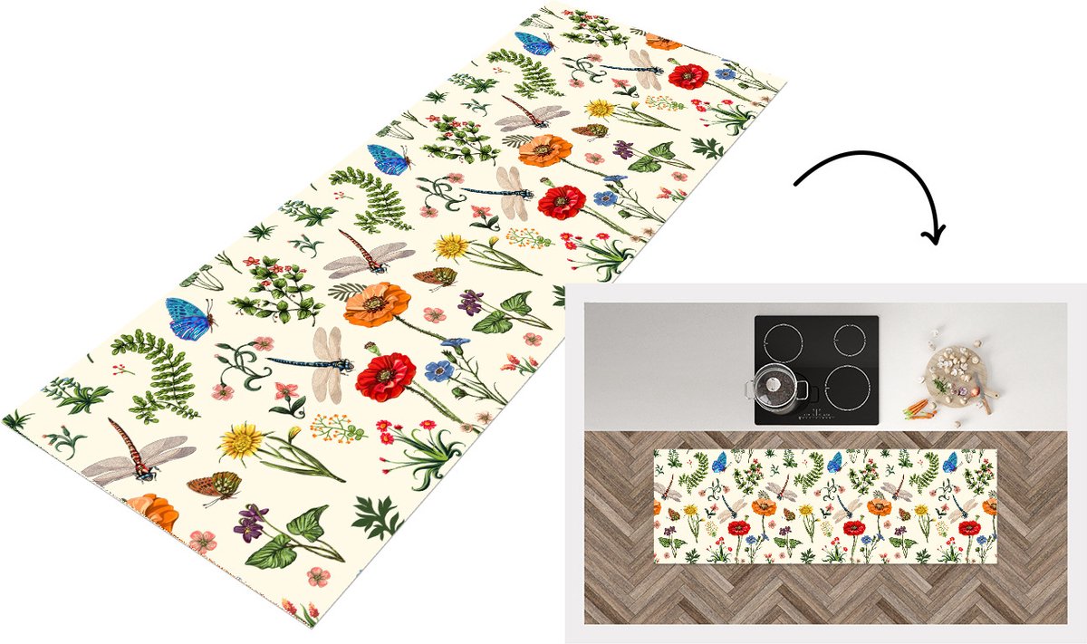 KitchenYeah Keukenloper - Loper keuken - Insecten - Bloemen - Zomer - Regenboog - Patroon - Keukenloper vinyl multicolor, foto 6