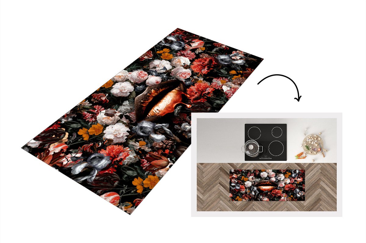 KitchenYeah Keukenloper - Loper keuken - Bloemen - Lippen - Luxe - 120x50 cm - Keukenloper vinyl Multicolor