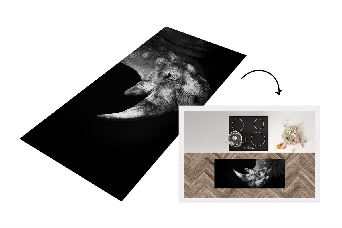 KitchenYeah Keukenloper - Loper keuken - Neushoorn op zwarte achtergrond in zwart-wit - 120x50 cm - Keukenloper vinyl Zwart; Wit