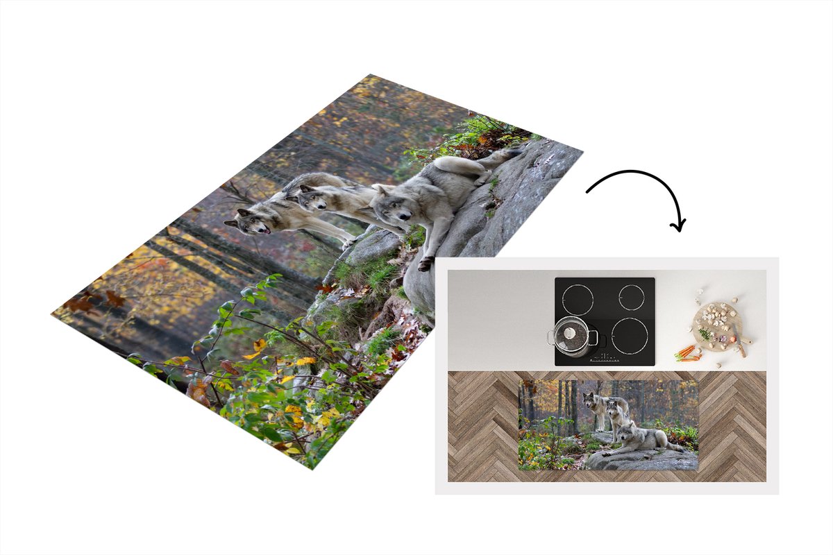 KitchenYeah Keukenloper - Loper keuken - Wolven - Rots - Bos - 120x60 cm - Keukenloper vinyl Multicolor