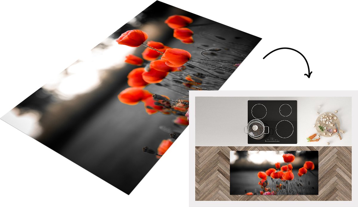 KitchenYeah Keukenloper - Loper keuken - Rode Klaprozen tegen zwarte met witte achtergrond - 120x60 cm - Keukenloper vinyl Multicolor