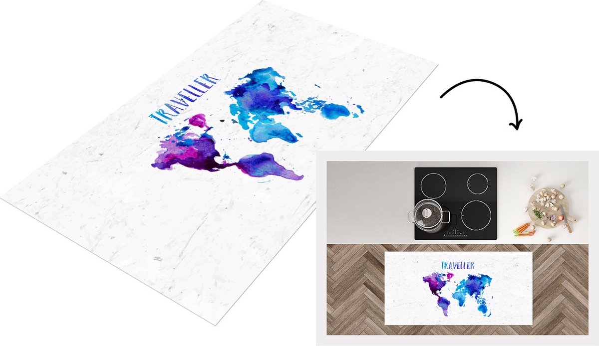 KitchenYeah Keukenloper - Loper keuken - Wereldkaart - Quotes - Waterverf - 120x60 cm - Keukenloper vinyl Multicolor