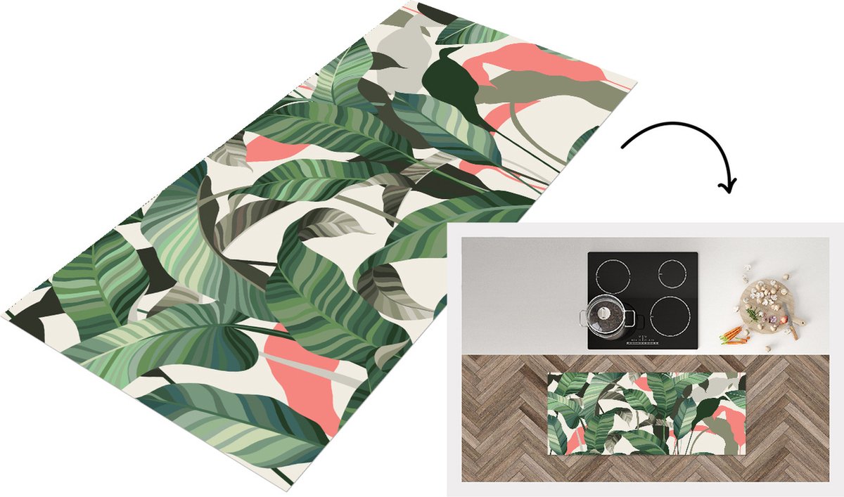 KitchenYeah Keukenloper - Loper keuken - Tropisch - Bladeren - Roze - 120x50 cm - Keukenloper vinyl Multicolor