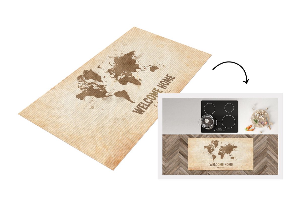 KitchenYeah Keukenloper - Loper keuken - Welkom Thuis - Bruin - Wereldkaart - 120x60 cm - Keukenloper vinyl Multicolor