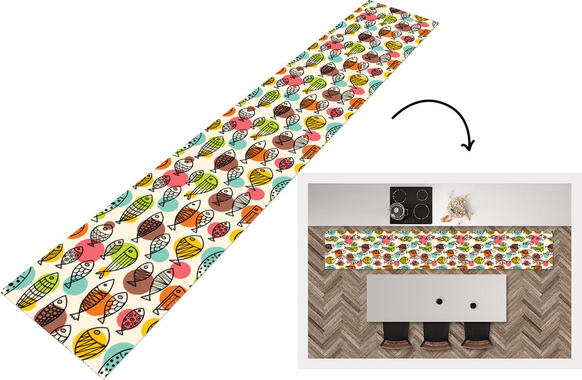 KitchenYeah Keukenloper - Loper keuken - Stippen - Vis - Regenboog - 300x50 cm - Keukenloper vinyl Multicolor