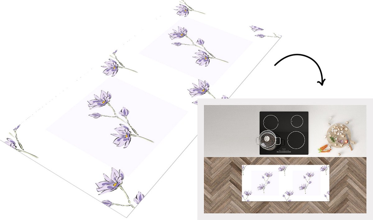 KitchenYeah Keukenloper - Loper keuken - Bloemen - Paars - Lente - Patronen - 120x50 cm - Keukenloper vinyl Multicolor