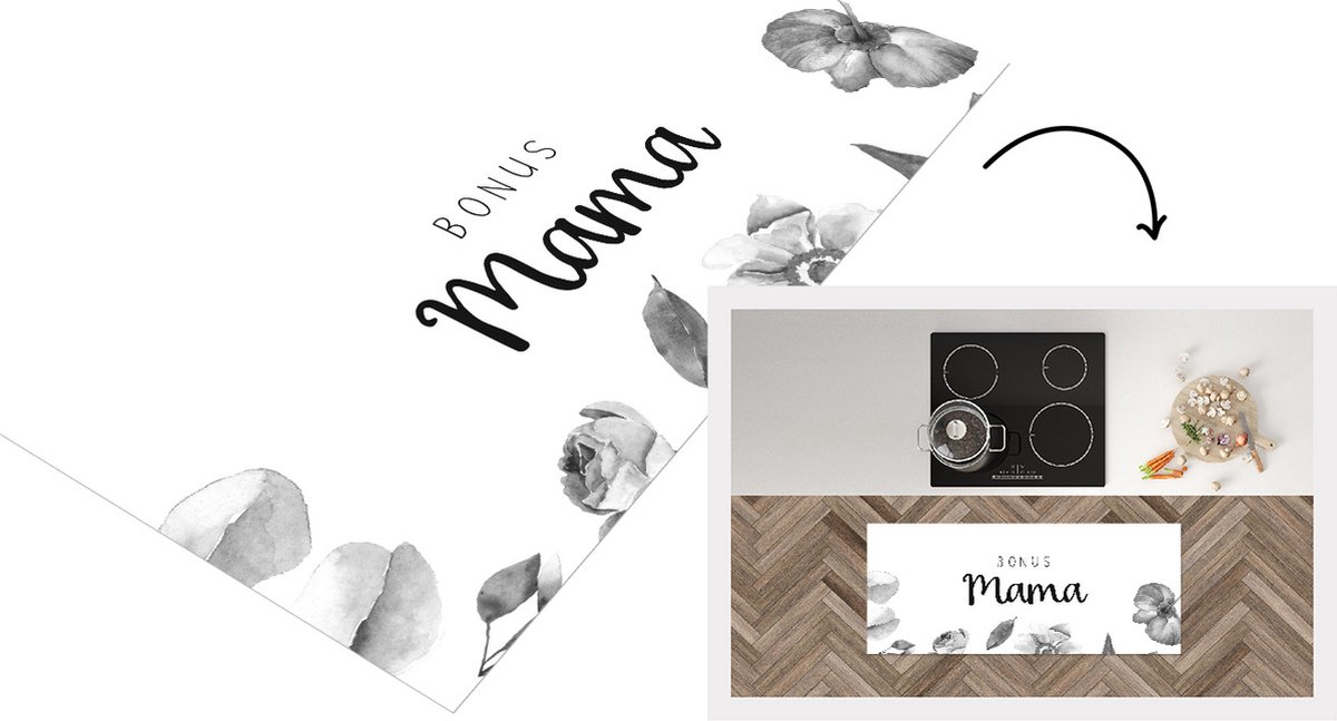 KitchenYeah Keukenloper - Loper keuken - Spreuken - Quotes Bonus Mama - Moederdag - Moeder - Bloemen - Cadeau - zwart wit - 120x50 cm - Keukenloper vinyl Zwart; Wit