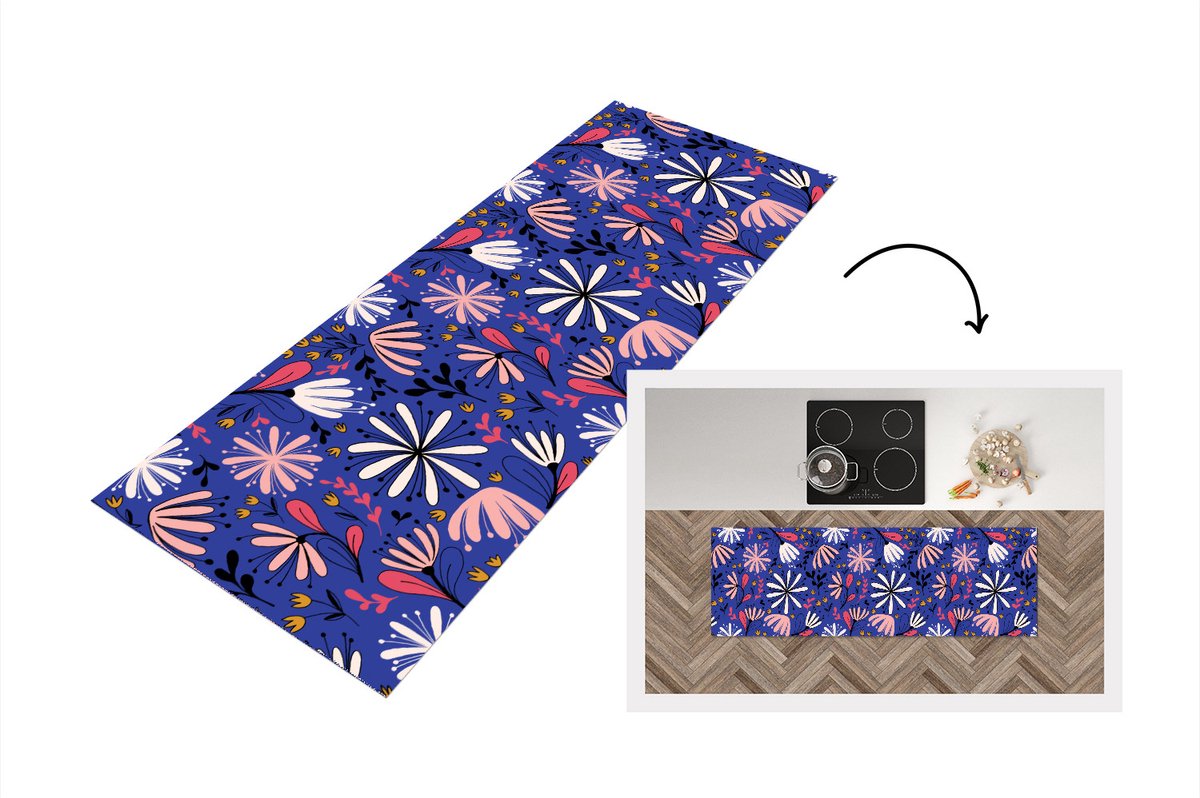 KitchenYeah Keukenloper - Loper keuken - Patronen - Abstract - Bloemen - 150x50 cm - Keukenloper vinyl Multicolor