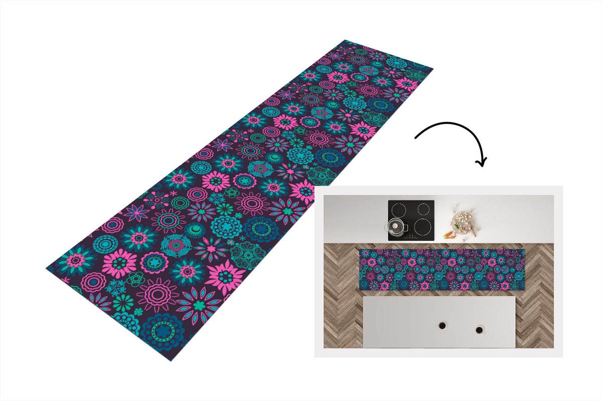 KitchenYeah Keukenloper - Loper keuken - Neon - Bloemen - Patronen - 240x60 cm - Keukenloper vinyl Multicolor