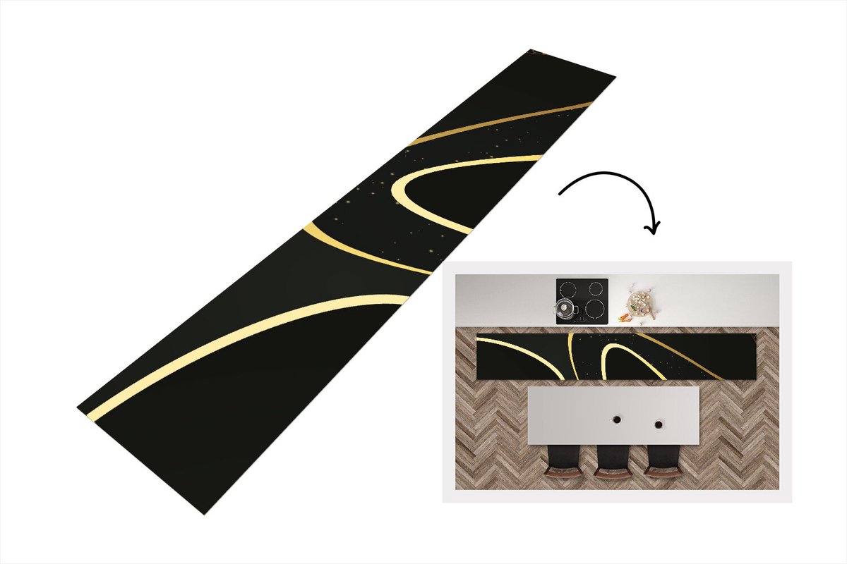 KitchenYeah Keukenloper - Loper keuken - Gouden golven op een zwarte achtergrond - 300x50 cm - Keukenloper vinyl Multicolor