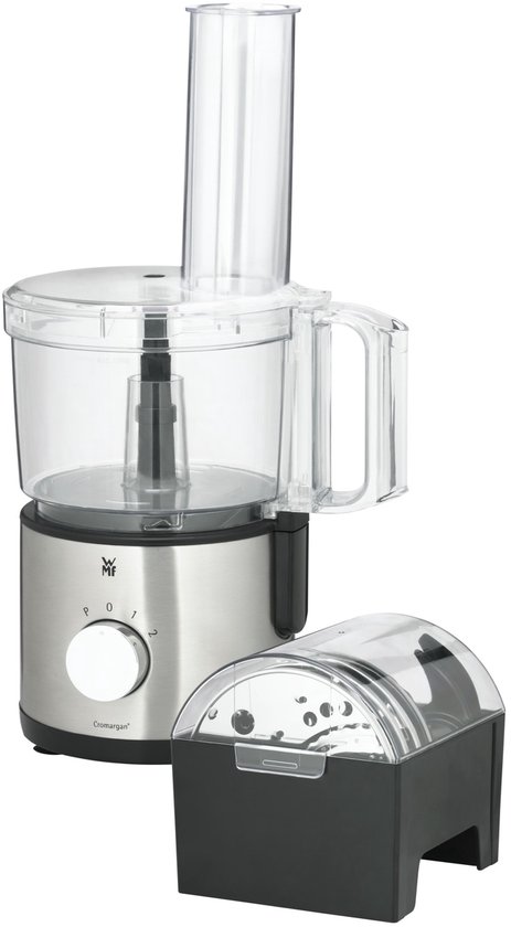 Zilverkleurige keukenmachine met transparante kom en losse snijaccessoirehouder.