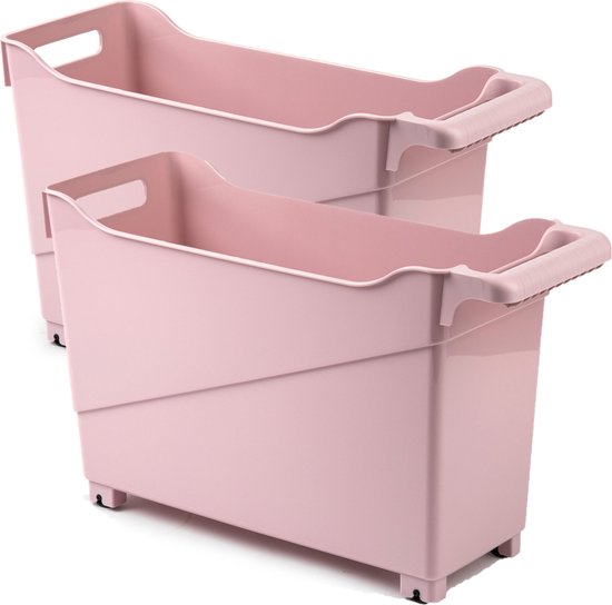 Set de 3 chariots en plastique rose pastel sur roulettes L45 x l17 x H29 cm - Stock/boîtes de rangement/bacs