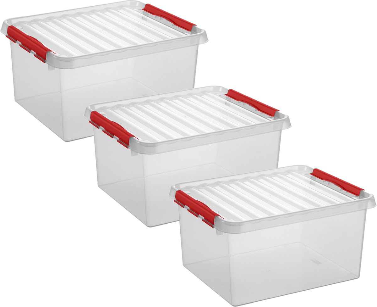 3x stuks opberg box/opbergdoos 36 liter 50 x 40 x 26 cm - Opslagbox - Opbergbak kunststof transparant/rood