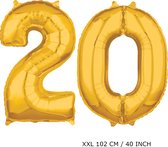 Mega grote XXL gouden folie ballon cijfer 20 jaar.  leeftijd verjaardag 20 jaar. 102 cm 40 inch. Met rietje om ballonnen mee op te blazen.