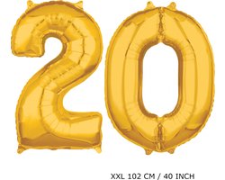 Mega grote XXL gouden folie ballon cijfer 20 jaar.  leeftijd verjaardag 20 jaar. 102 cm 40 inch. Met rietje om ballonnen mee op te blazen.