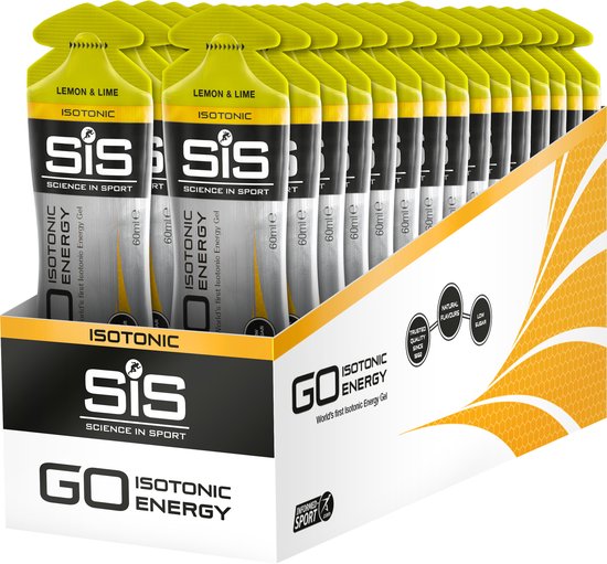 Doos met 30 SiS GO Isotonic Energy gels, smaak Citroen & Limoen. De gels zitten in gele sachets met zwarte en witte opdruk.