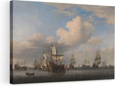 Artaza Canvas Schilderij Veroverde Engelse Schepen na de Vierdaagse Zeeslag - Willem van de Velde - 90x60 - Kunst - Canvas Print - Muurdecoratie