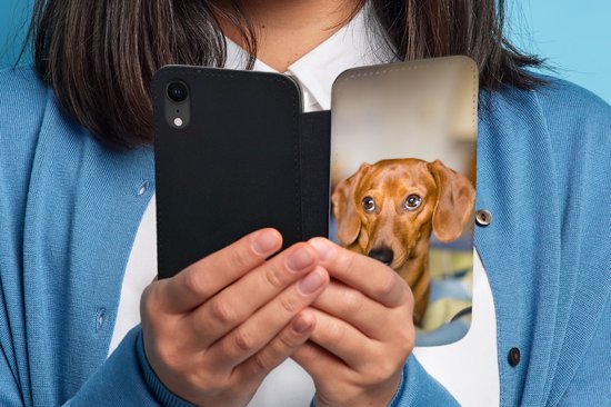 Etui pour iPhone XR Bookcase - Teckel allongé sur un lit - Avec compartiments - Etui portefeuille avec fermeture magnétique