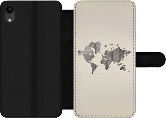 Etui pour iPhone XR Bookcase - Wereldkaart - Bois - Étagère - Avec compartiments - Etui portefeuille avec fermeture magnétique