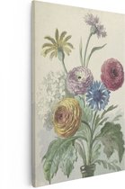 Artaza Canvas Schilderij Boeket met Bloemen in de Hals van een Groene Vaas - Willem van Leen - 60x90 - Kunst - Canvas Print - Muurdecoratie