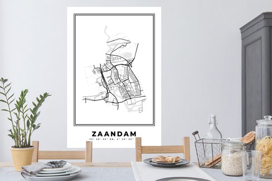 Stickers muraux - Plan de la ville - Zwart Wit - Carte - Zaandam - Nederland - Carte - 80x120 cm - Feuille adhésive