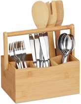 Relaxdays range-couverts bambou 4 compartiments avec poignée - organisateur de cuisine pour couverts & serviettes nature - boîte de rangement pour ustensiles de cuisine