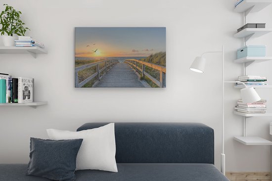 Artaza Canvas Schilderij Voetpad met Zee en Vogels - 90x60 cm - Wanddecoratie Woonkamer - Schilderijen - Muurdecoratie